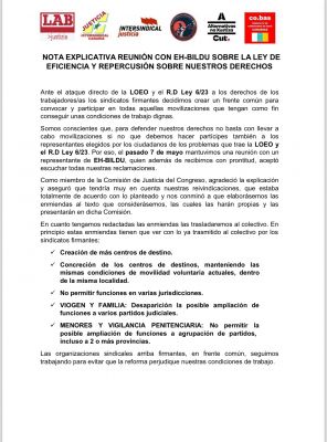 NOTA EXPLICATIVA REUNIÓN CON EH-BILDU SOBRE LA LEY DE EFICIENCIA Y REPERCUSIÓN SOBRE NUESTROS DERECHOS